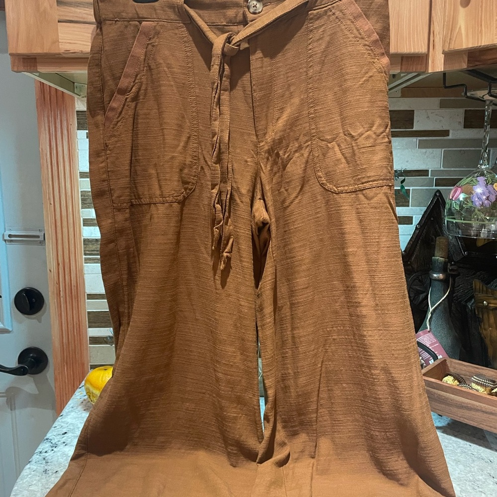 Brown Wide-Leg ,linens Pants with Tie Waist